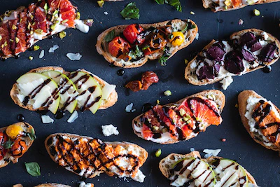 A colorful bruschetta spread